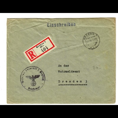 GG 1943 Feldpost: Einschreiben Krakau Reserve Lazarett nach Dresden