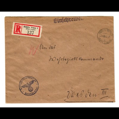GG 1942 Feldpost: Einschreiben Deblin Irena/Lublin Fliegerregiment nach Dresden