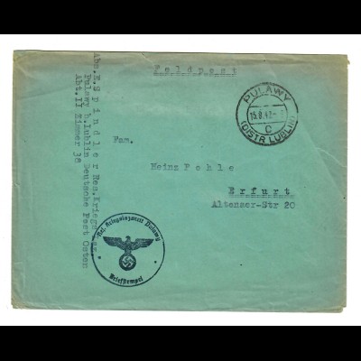GG 1942 Feldpost: Pulawy, Deutsche Post Osten, Kriegslazarett nach Erfurt