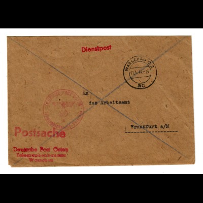 GG 1944 Postsache Deutsche Post Osten, Telegraphenbauamt nach Frankfurt