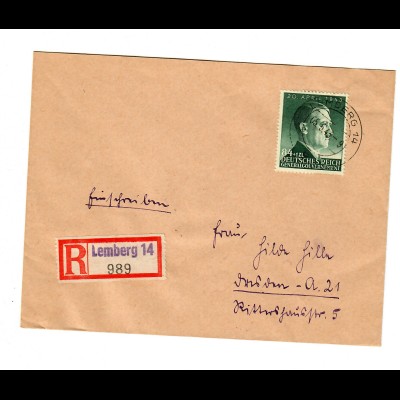 GG 1943 EF, portogerechtes Einschreiben Lemberg 14 nach Dresden. Selt. Postamt