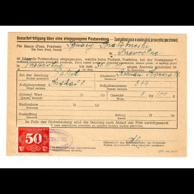 GG 1941: Formular über eingegangene Postsendung mit Ovalstempel Przewrotne