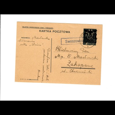 Ganzsache GG P 3II 08-1938: Postagentur Swoszowice/Krakau nach Zakopane
