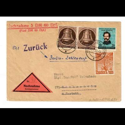 Nachnahme Brief Berlin nach Elchesheim und zurück