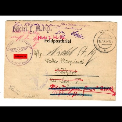 Feldpostbrief 1943: Kirn/Nahe, Lazarett nach Stuttgart: zur+ck an Absender
