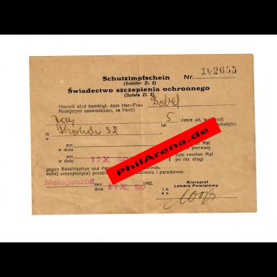 GG: Schutzimpfung gegen Typhus: Malogoszoz 1942 für 5-jährigen