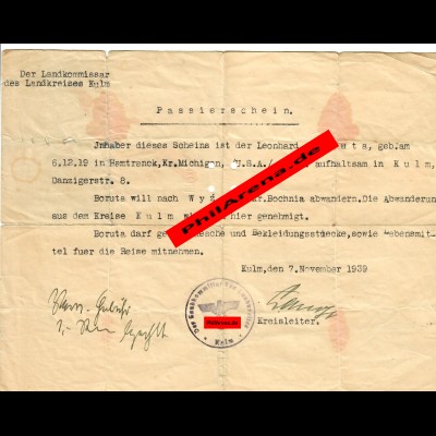 GG: Passierschein USA-Bürger Kulm/Wyzyce/Bochnia: Auswanderung: 7.11.1939