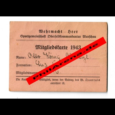 GG: Mitgliedskarte Sportgemeinschaft Oberfeldkommandantur Warschau 1943
