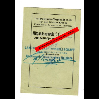 GG: Mitgliedsausweis 1943 Landwirtschaftsgesellschaft Krakau/Brzesko