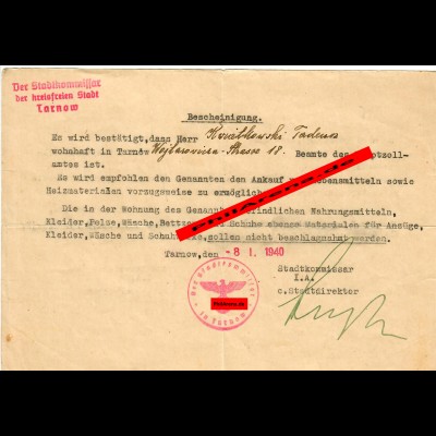 GG Bescheingung Tarnow Hauptzollamt: Ankauf von Lebensmittel und Heizmittel 1940