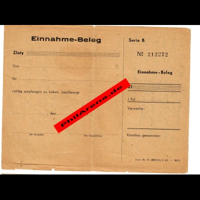 GG: Blanko Einnahme Beleg, Generalgouvernement 1943