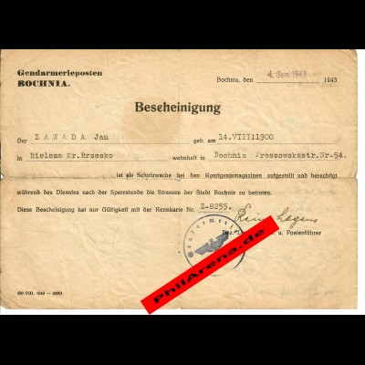GG: Bescheiniung als Schutzwache in Bochnia 1943/44
