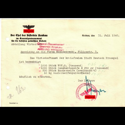 GG: Anweisung an Firma zum Erwerb von Seife, Krakau 1940