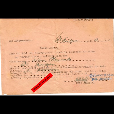 Kruschin: 1941 Selbstversorgungshaushalt mit 3 Pesonen zur Vorlage bei Molkerei