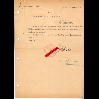 GG: Bestellung Landkommissar Mielec 1940: 5kg. Haushaltsseife