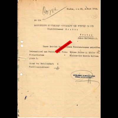 GG Krakau 1944 Anforderung von Fleisch-/Lebensmittel-/Fettkarten für Mitarbeiter