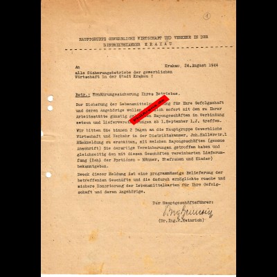 GG: Krakau 1944 : Information an Sicherungsberiebe: Lebensmittel lokal bestellen