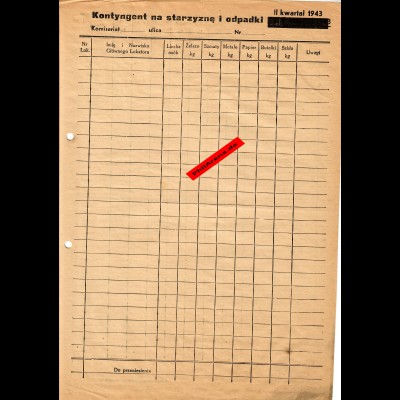 GG: Formular zur Kontingentablieferung 1943