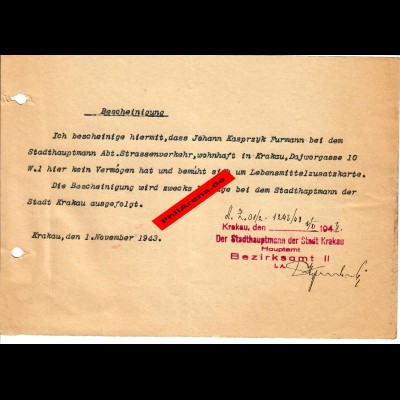 GG: Bescheinigung Krakau 1943: Kein Vermögen, braucht Lebensmittelzusatzkarte
