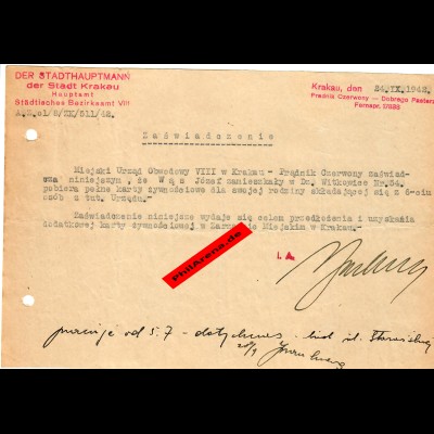 GG: Bescheinigung: Lebensmittelzusatzkarte September 1942, Krakau