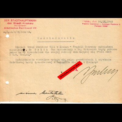 GG: Bescheinigung: Lebensmittelzusatzkarte Krakau, September 1942