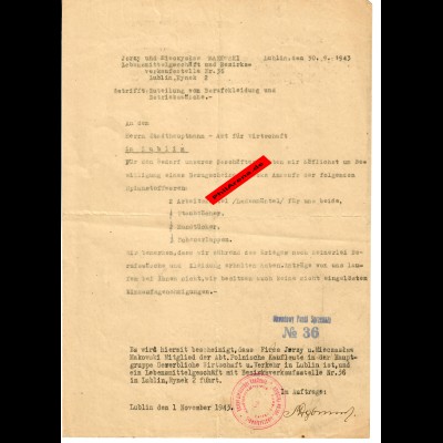 GG: Antrag auf Zuteilung von Berufskleidung 1943, Lublin