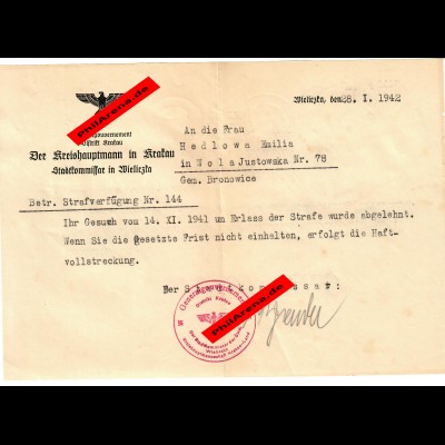GG: Androhung Haftvollstreckung für Frau in Wola/Bronowice/Wielizka 1942