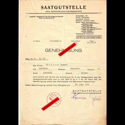 GG: Genehmigung Saatgutstelle Jaroslau für Kleinhandel 1942