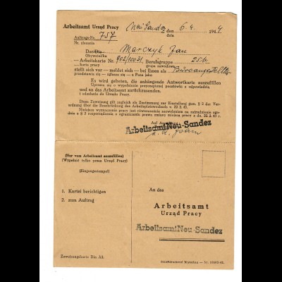 GG: Doppel Postkarte Arbeitsamt Neu Sandez 1944: Vorstellungsgespräch