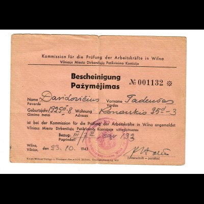 GG: Bescheinigung Kommission für Prüfung der Arbeitskräfte in Wilna 1943