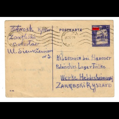 GG: Ganzsache 1947, nachverwendet an polnisches Lager Trillke Hannover