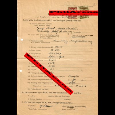 Generalgouvernement GG: Fragebogen zur Registrierung eines KFZ Lemberg 1942 OPEL
