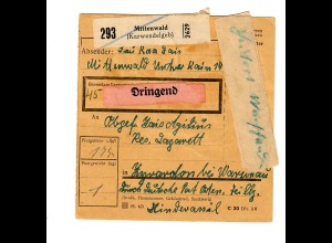 Generalgouvernement GG: Inlandpaketkarte von Mittenwald nach Zyrardow 1944