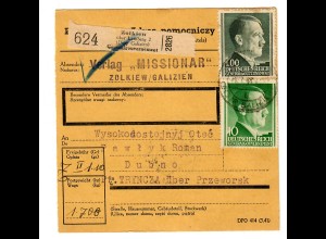 Generalgouvernement GG: Inland Paketkarte Zolkiew nach Dubno 1944