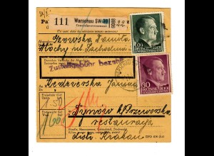 Generalgouvernement GG: Inland Paketkarte Warschau nach Dynow/Przeworsk 1943