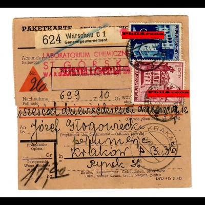 Generalgouvernement GG: Inland NN Paketkarte Warschau-Krakau 1941