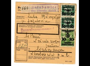 Generalgouvernement GG: Inland Paketkarte von Jakubowice nach Warschau 1940