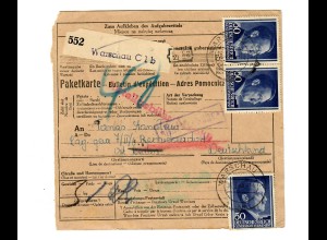 Generalgouvernement GG: Ausland Paketkarte Warschau nach Ost Berlin 1944