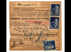 Generalgouvernement GG: Ausland Paketkarte Warschau an KZ Neugamme, 1944, BPP