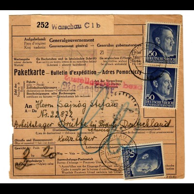 Generalgouvernement GG: Ausland Paketkarte Warschau an KZ Neugamme, 1944, BPP