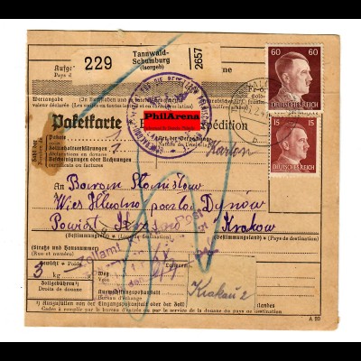 Generalgouvernement GG: Ausland Paketkarte Tannwald-Schuburg-Krosno, 1944