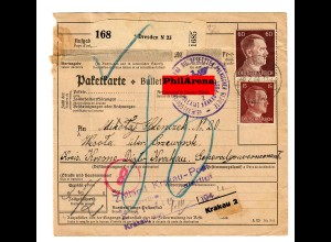 Generalgouvernement GG: Ausland Paketkarte Dresden nach Wesola, 1944