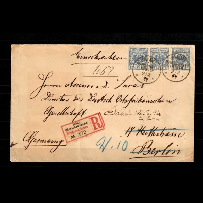 Marschall-Inseln 1890/1900 waagr. 3er Streifen, R-Brief Jaluit nach Berlin