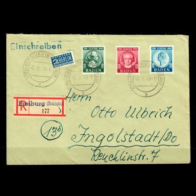 Baden: Einschreiben Freiburg 1949, MiNr. 47-49 nach Ingolstadt