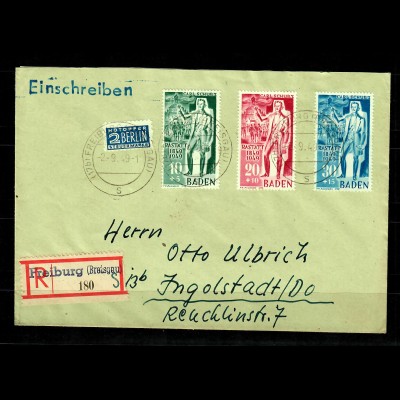 Baden: 3xEinschreiben Freiburg, und Postkarte mit MiNr. 50-57