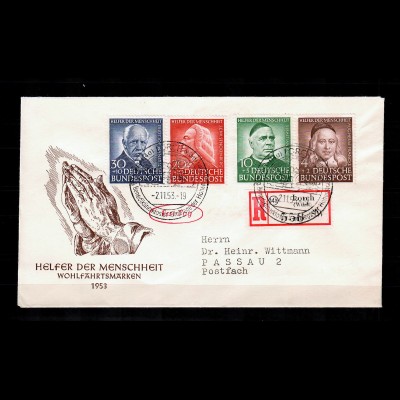 Bund: MiNr. 173-176, Einschreiben Helfer der Menschheit 1953 als FDC