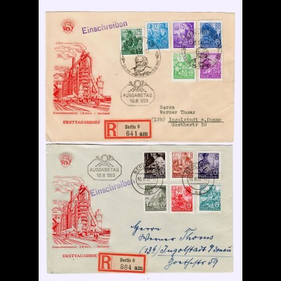 DDR: MiNr. 362-379, auf 4 FDC Briefen, 3x als Einschreiben Berlin 1953