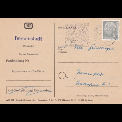 BRD: MiNr. 182xY: EF portorichtig auf Benachrichtigungskarte Deutsche Bahn 1961
