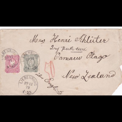 DR: 1879 MiNr. 33 und 38 auf Brief nach Neuseeland über England