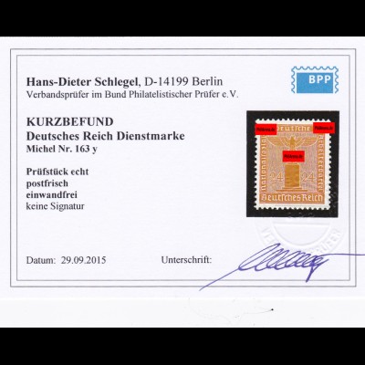 Deutsches Reich: Dienstmarke MiNr. 163y, **, BPP Befund
